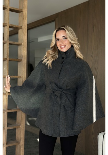 Antrasit Düğmeli Kuşaklı Kaşe Panço - 2055 Antrasit