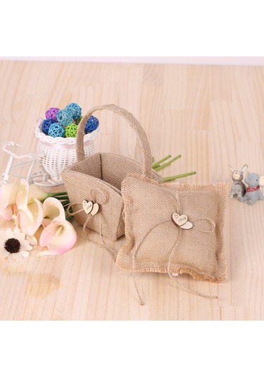 Xindoker Kırmızı Tahta Kalplerle Dekorlanmış Kır Çiftliği Temalı Düğün Seti: Sarı Kumaş Çiçek Sepeti + 15x15cm Yüzük Yastığı Diğer