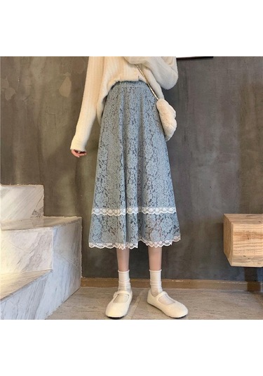 Sonbahar Ve Kış Yüksek Belli Dantel Etek Orta Boy Tüm Maç Düz Renk Çiçek Açık Mavi