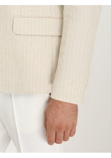 Kip Bej Çizgili Slim Fit Pamuk Karışımlı Ceket 001