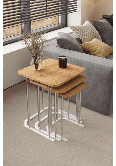 3' Lü Kare Zigon Sehpa Gümüş Ayak Atlantik Çam 18 Mm Mdf Gümüş - Atlantik Çam