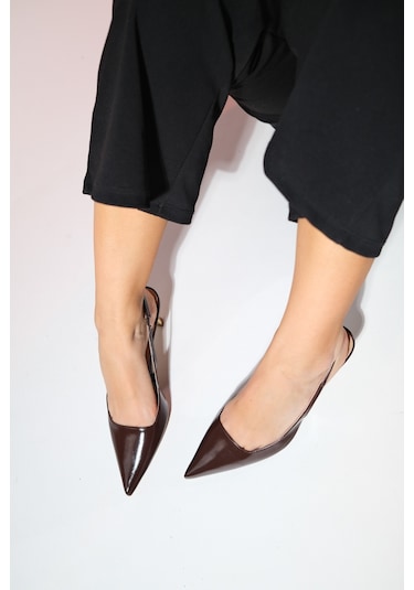 Luvishoes Marten Kahve Cilt Kadın Sivri Burun Arkası Açık İnce Topuklu Ayakkabı Kahverengi