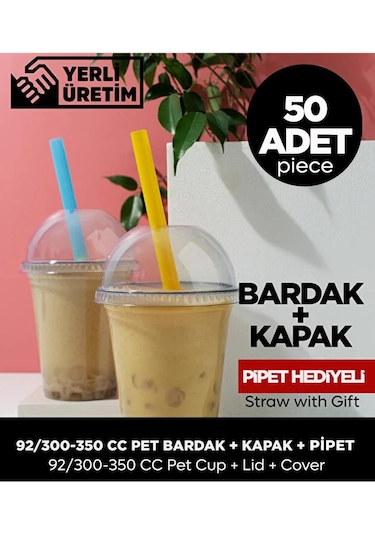 92/300-350 Cc Pet Bardak Kapak - 50 Adet Pipet Hediye Diğer