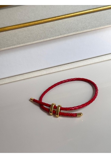 Kırmızı Deri Görünümlü Çift Dolamalı Çelik Detaylı Bileklik Unisex Tasarım Kırmızı