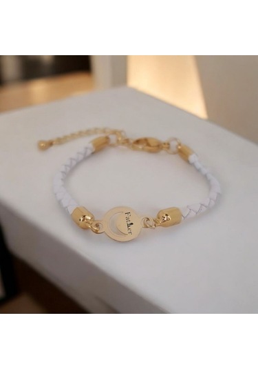 Archin Baba Temalı 14 Ayar Altın Plakalı Doğal Beyaz Derili Ay Motifli Hediye Bileklik-477sembol Baba