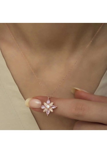 Gümüş Rose Pembe Taşlı Umut Çiçeği Kolye Çok Renkli