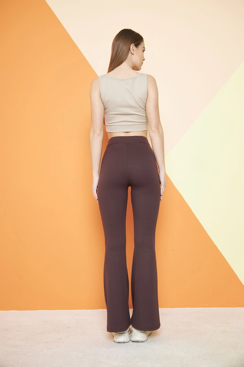 Siyah Yüksek Bel Fitilli Ispanyol Paça Interlok Örme Kadın Tayt Kahverengi