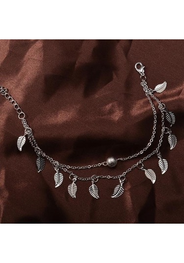 Gümüş Çift Katmanlı Yapraklar Charm Halhal Ayak Zinciri Yaz Kadın Sandal Ayak Bileği Bilezik Gümüş