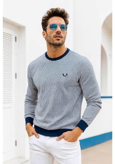 Rich Erkek Lacivert Kare Desenli Bisiklet Yaka Sweatshirt Lacivert