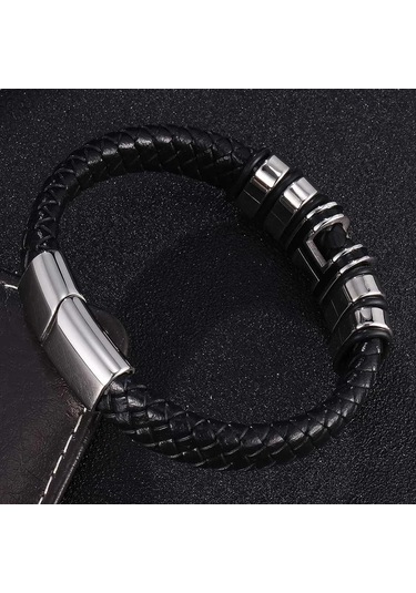 Vintage El Dokuması Çevre Dostu Deri Tokalı Bileklik Erkek Modası Dini Muska Takı Siyah