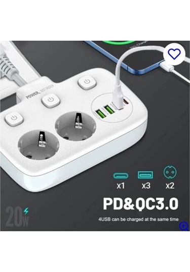 Akım Korumalı 2 Li Ayrı Anahtarlı Priz, 2x Priz, 3x Usb, 1x Type-c, 2 Mt Kablo, Hızlı Şarj Belirtilmemiş