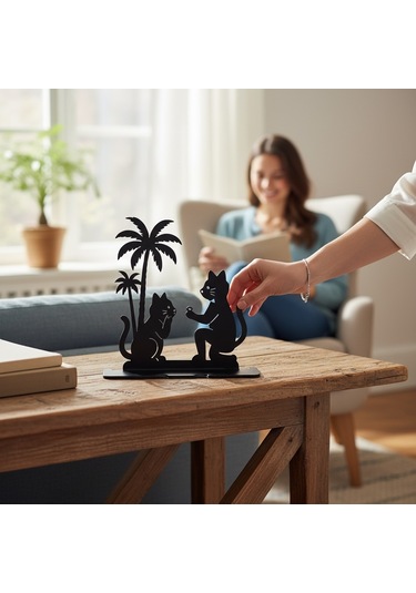 Palmiye Ve Kedi Figürlü Metal Dekor Masaüstü Silüet Obje