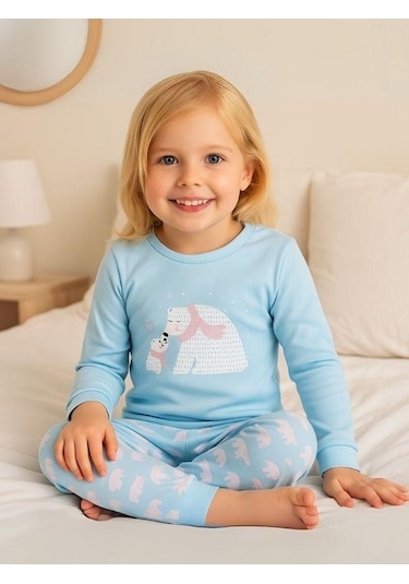 Kız Çocuk Pamuklu Kutup Ayısı Baskılı Pijama Takımı-16020 Turkuaz