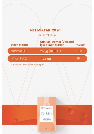 Wiserlife D3&K2 Vitamin D3 Ve Vitamin K2 İçeren Takviye Edici Gıda 20 ML
