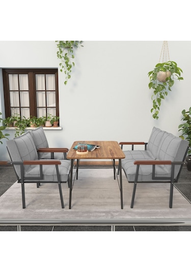Mygusi Modern Balkon, Bahçe, Cafe - Metal Kanepe Koltuk Takımı - 2+1+1 Masa Açıkgri Açık Gri