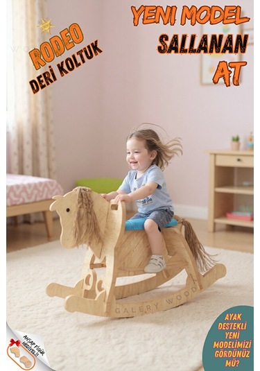 Ahşap Sallanan At-deri Koltuklu-ayak Destekli- Yeni Model -mavi