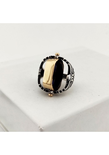 925 Ayar Gümüş Mavi Mineli Çift Taraflı Mührü Süleyman Erkek Yüzük Silver