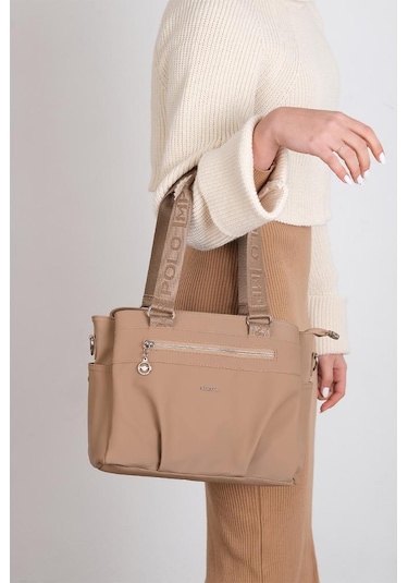 Kadın Omuz Çantası Saten Kumaş 35 25 Cm Çapraz Askılı Postacı Çanta Mega Bag Vegan Deri Kol Çantası Vizon