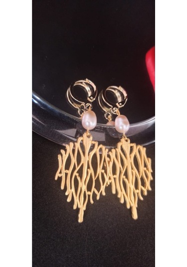 24k Altın Kaplama Gerçek Somon İnci Sallantılı Trend Tasarım Küpe Somon