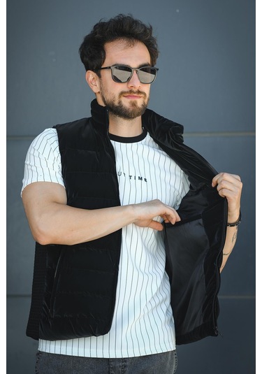 Lordy Örgü Detaylı Cepli Dik Yaka Nova Parlak Kumaş Erkek Şişme Yelek Siyah