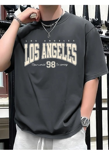 Guılanerkek Los Angeles 98 Baskılı Pamuk Spor Tişört, Rahat Ve Modakoyu Gri Koyu Gri
