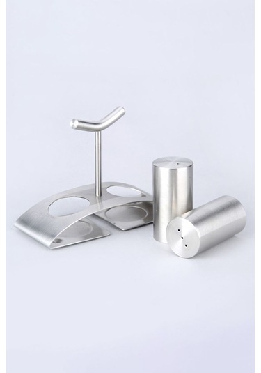 Mat Çelik 3 Parça Tuz Karabiber Standlı Baharatlık Set Cin971 Gri