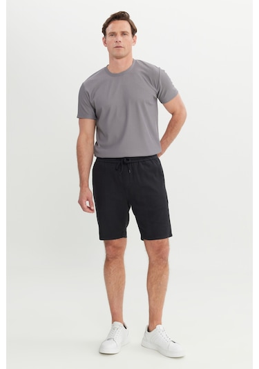 Erkek Sıyah %100 Pamuk Comfort Fit Beli Bağlamalı Flamlı Yan Cep Şort Siyah