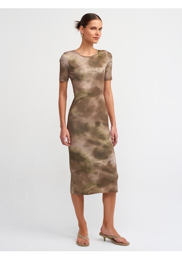 Dilvin Bisiklet Yaka Kısa Kol Baskılı Triko Elbise Haki