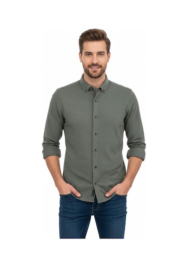 Rasstmen Erkek Spor Slim Fit Uzun Kol Petek Dokulu Gömlek Bgl-st04823 Haki