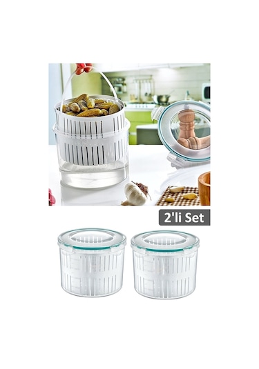 Meleni Home 2'li Set Süzgeçli Turşuluk - Zeytin Turşu Saklama Kabı 2,5 Lt