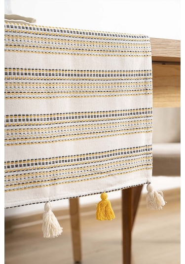 Rivaistanbul Ruffle Püsküllü Pamuklu Ham Keten Runner 50x130 Cm Açık Krem