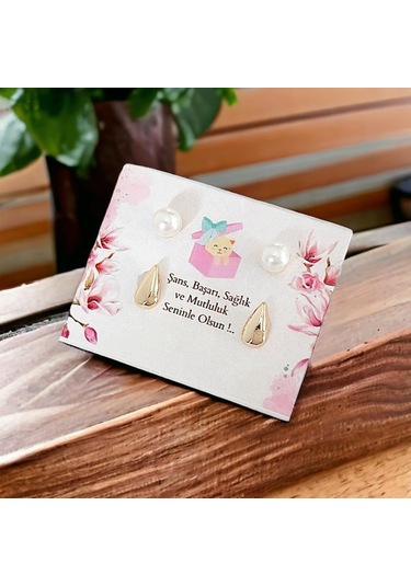 Şık İncilli Damla Çelik Küpe - Kararmaz, Antialerjik -yeni Moda Gold Kaplama