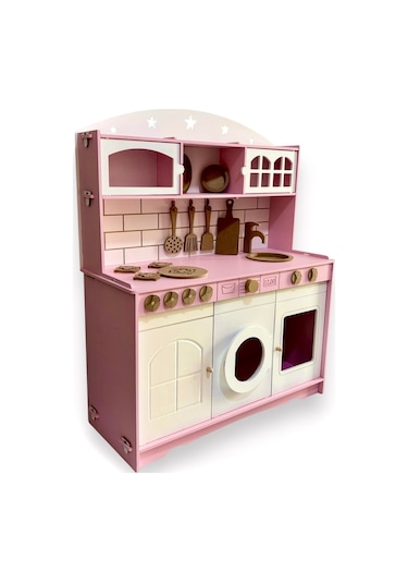 Ahşap Büyük Boy Pembe-beyaz Montessori Mutfak Oyuncak Set