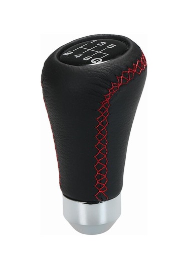 Siyah Araba Manüel Vites Topuzu Shifter Siyah Deri Kırmızı Dikiş 6 Hız Evrensel