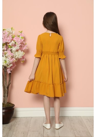 Aymeravm - Yaka Incili Düğme Detaylı Kız Çocuk Elbise - Als14... (545626213) Sarı