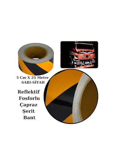 Reflektif Fosforlu Çapraz Şerit Bant 5 Cm x 25 Metre Sarı Siyah İkaz Bandı GLZ03902756