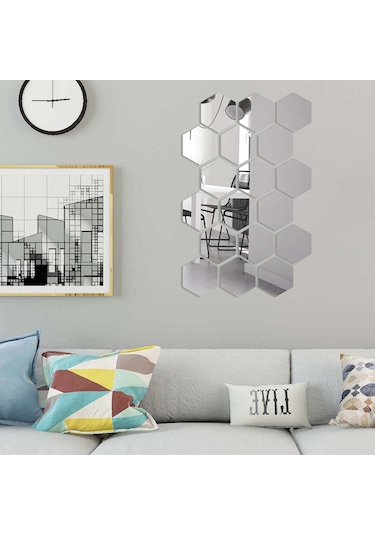 Yifomall 24 Adet Akrilik Altıgen Yansımalı Duvar Stickerı - Ev Dekoru Dıy, Çocuk Odası/yatak Odası/banyo Uygun, Gümüş, 10x8.5x5cm, Kolay Kurulum Gümüş
