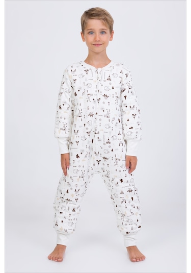Kız Erkek Çocuk Kalın Elyaf Dolgulu Premium Kalite 2.5 Tog Desenli Uyku Tulumu Koyu Ekru