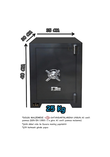 U.S.F Ev ve Ofis Tipi Çift Anahtarlı Çelik Para Kasası 35 x 30 x 40 CM 25 KG Gri