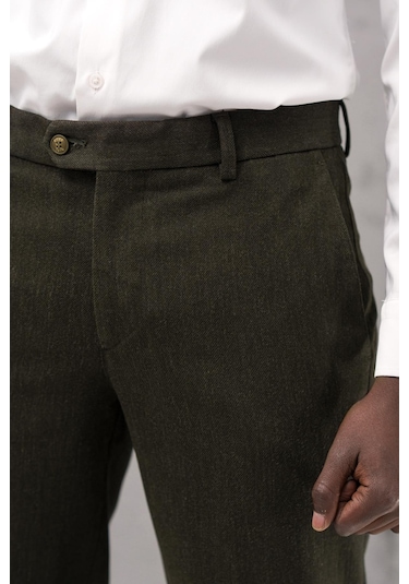 Ecer Regular Fit Düz Kalın Kışlık Gabardin Yan Cepli Pantolon Yeşil