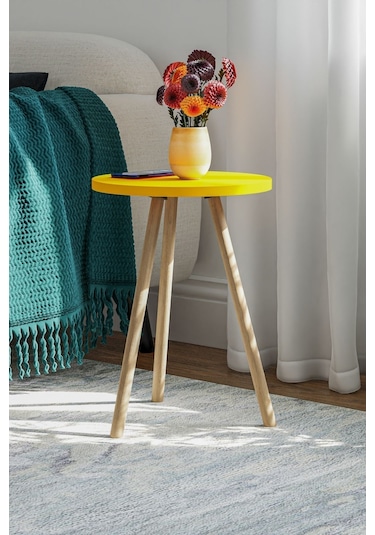 İntergo Yuvarlak Ahşap Ayaklı Tekli Zigon Yan Sehpa Sarı