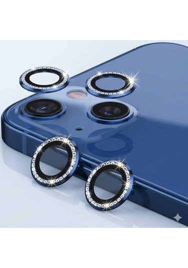 Apple Uyumlu iPhone  13 / 13 Mini Taşlı Kamera Lens Koruyucu Mavi