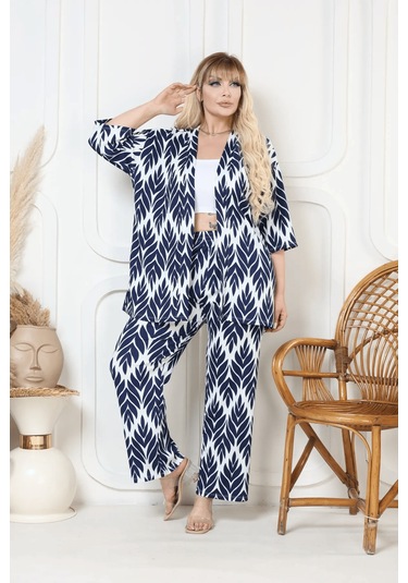 Desenli Kimono Hırkalı 2li Alt Üst Takım Bürümcük Kumaş Yazlık 2xl-6xl Oversize Lacivert