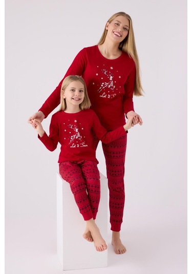 Arnetta 3106 Let İt Snow Kız Çocuk Kırmızı Uzun Kol Pijama Takım Kırmızı