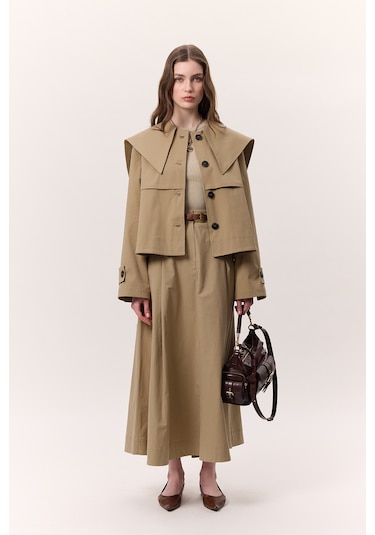 Geniş Yaka Gabardin Ceket Kum Kum