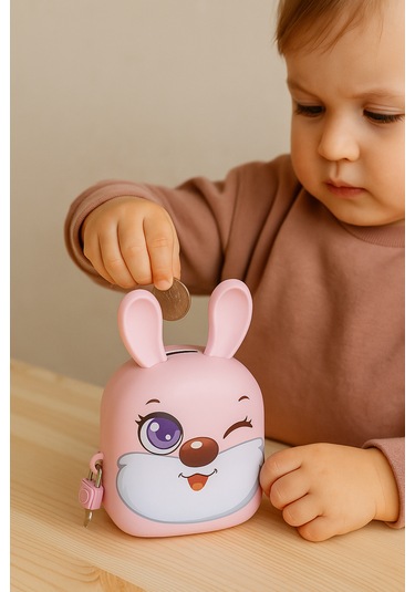 Kilitli Tavşan Desenli Metal Kumbara Açık Pembe