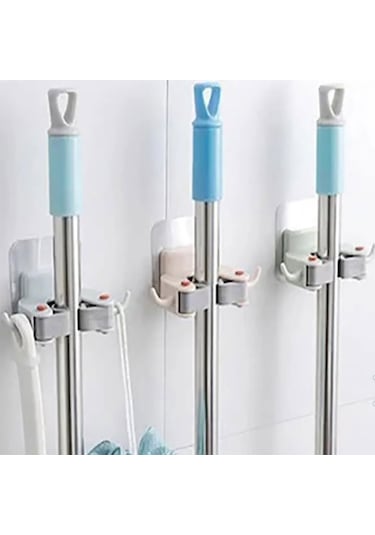 3'lü Paspas Süpürge Fırça Ve Mop Askısı Sap Tutucu Banyo Askısı Çok Renkli