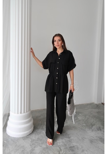 Keten Belden Büzgü Detaylı Gömlek - Pantolon Takım - Siyah Siyah