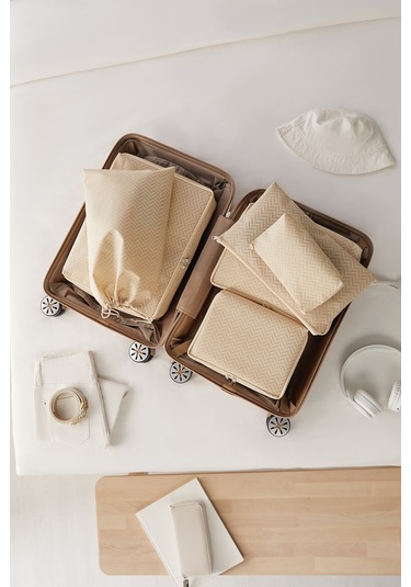 Ocean Home Textile 6'lı Bej Balıksırtı Bavul İçi Düzenleyici Set