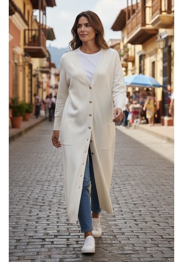 Kadın Önü Düğmeli V Yaka Cepli Mevsimlik Hırka Krem